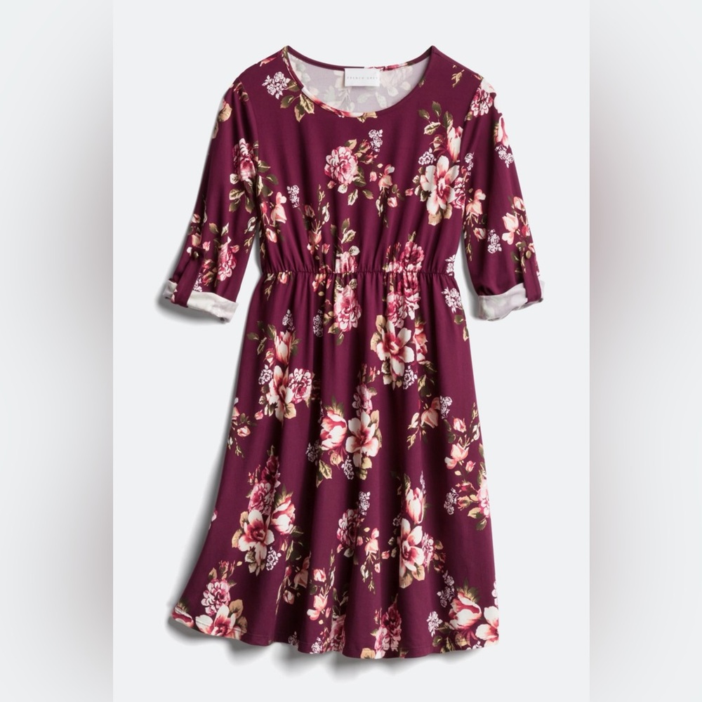 Women’s Maternity Floral Stretch-Waist Dress in Burgundy